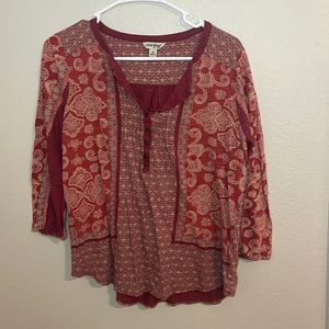 LUCKY BRAND Red Patterned Henley Blouse
